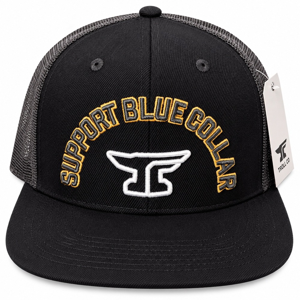 Troll Co Support Blue Collar SBC Anvil Flat Brim Trucker Hat Black Snapback NEW